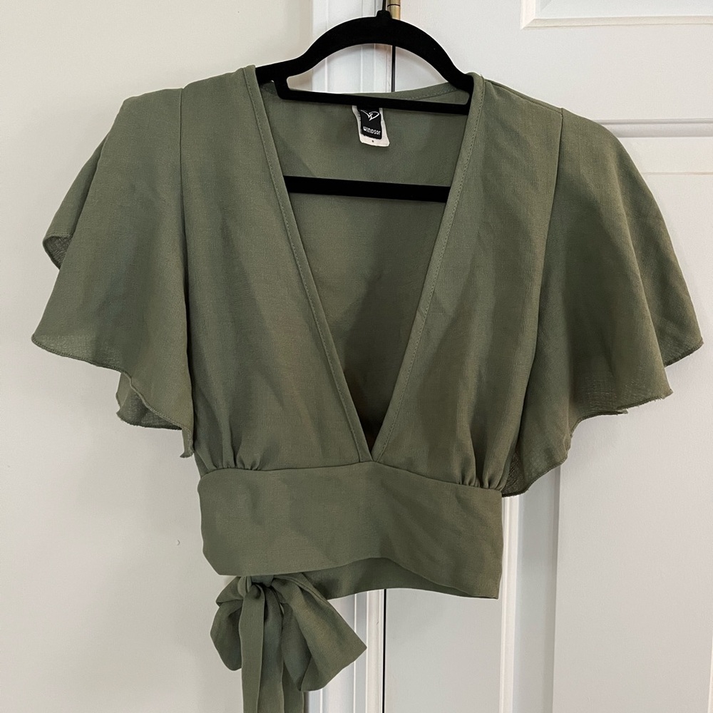 Windsor Green Flutter Sleeve Wrap Blouse